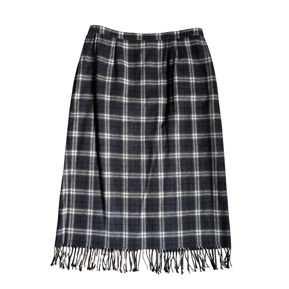 Vintage Brown Plaid Wool Blend Fringe Skirt Plus Size 18W Soft Stretchy Heritage